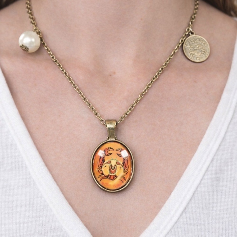 Vintage Cancer Zodiac Pendant Necklace Crab Medallion Charm